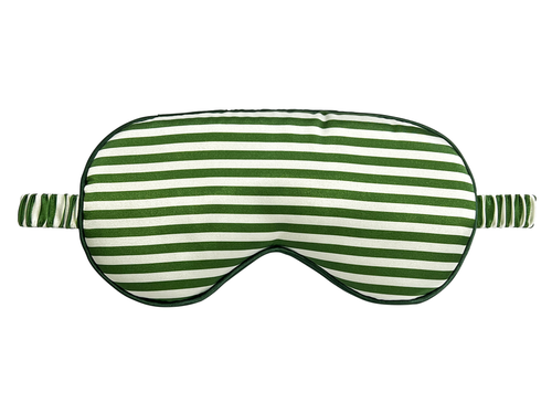Front view of a green and white striped satin eye mask.