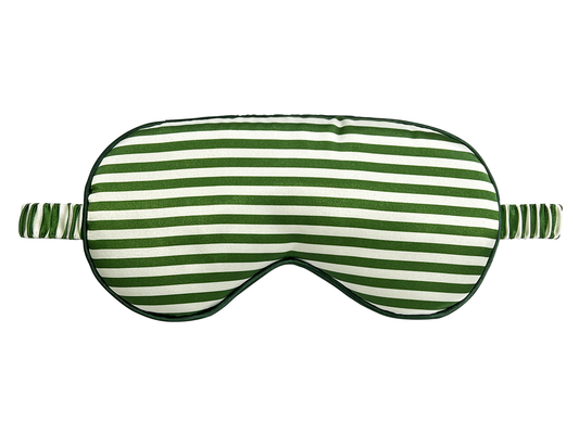 Front view of a green and white striped satin eye mask.