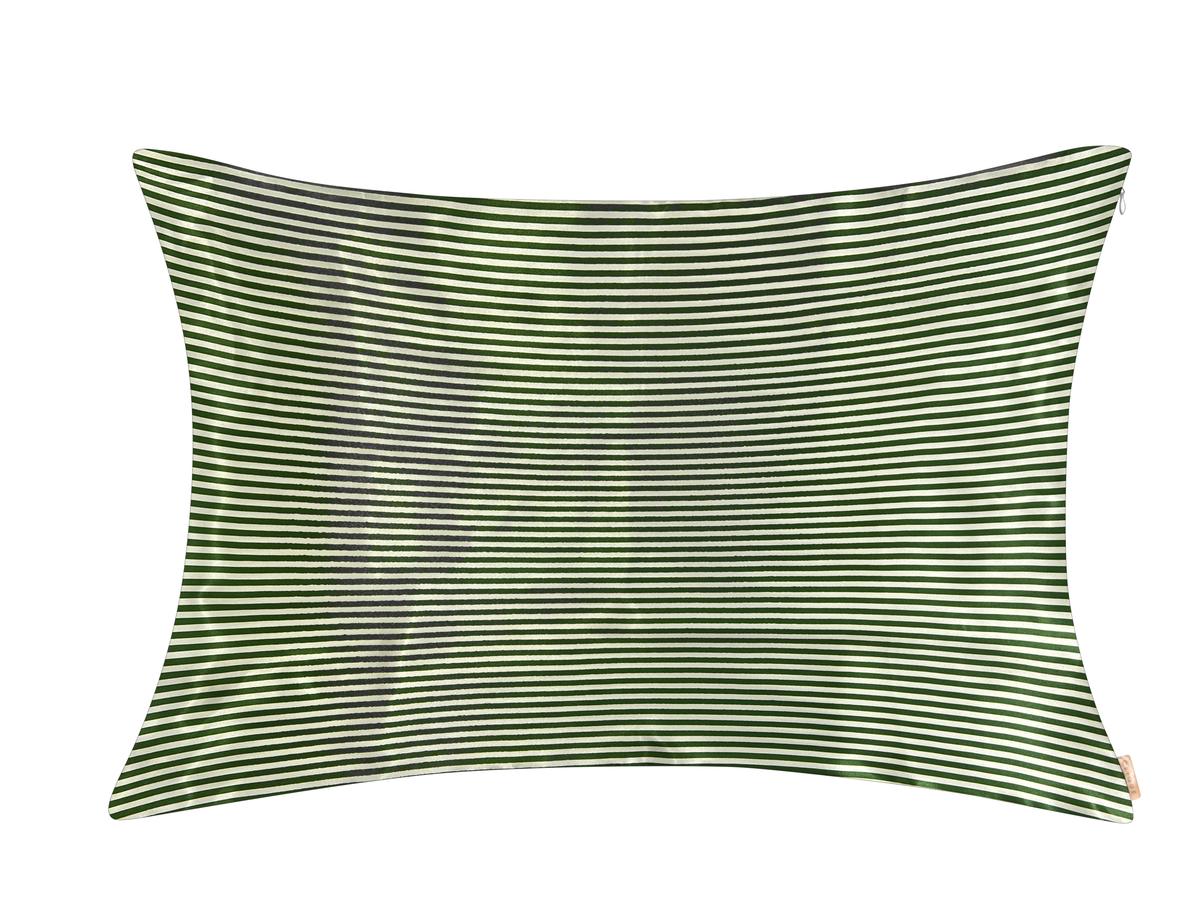 Green and white striped satin pillowcase shown on a white background.