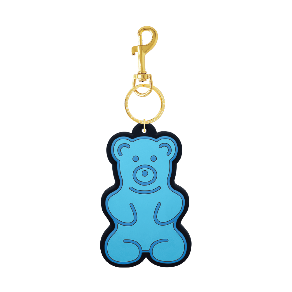 Blue gummy bear bag charm with gold-tone hardware