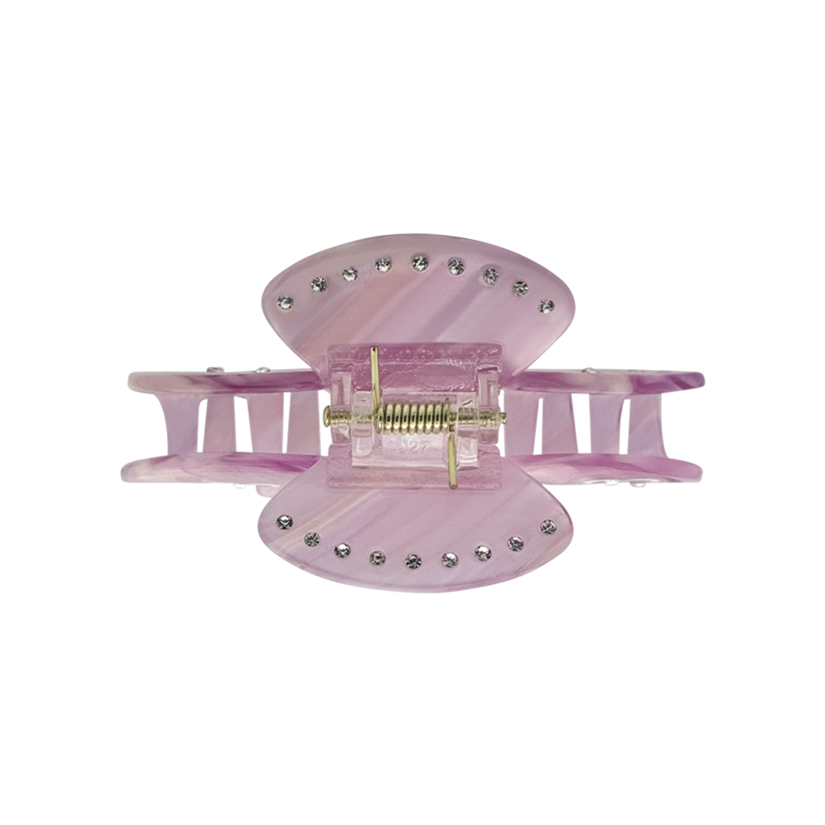 Top view of a blush mauve claw clip with silver rhinestone accents arranged around the edges on a white background.