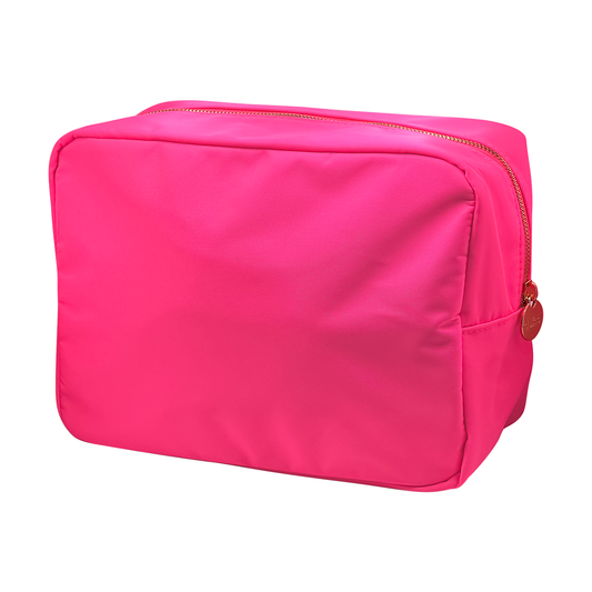 Pink cosmetic bag with a gold zipper on a white background