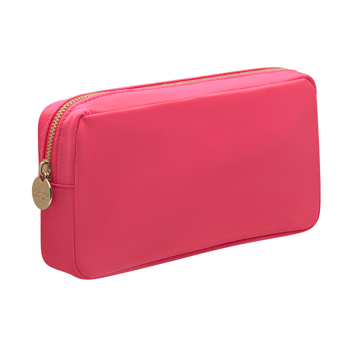 Hot pink small cosmetic pouch with gold zipper and round gold zipper puller.