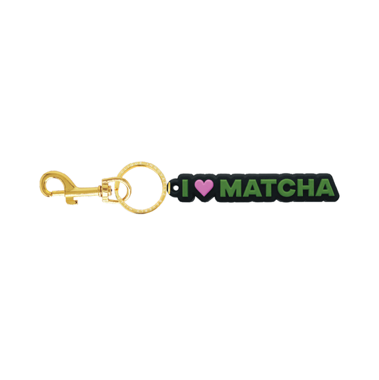 Green I Heart Matcha bag charm with pink heart and gold-tone hardware