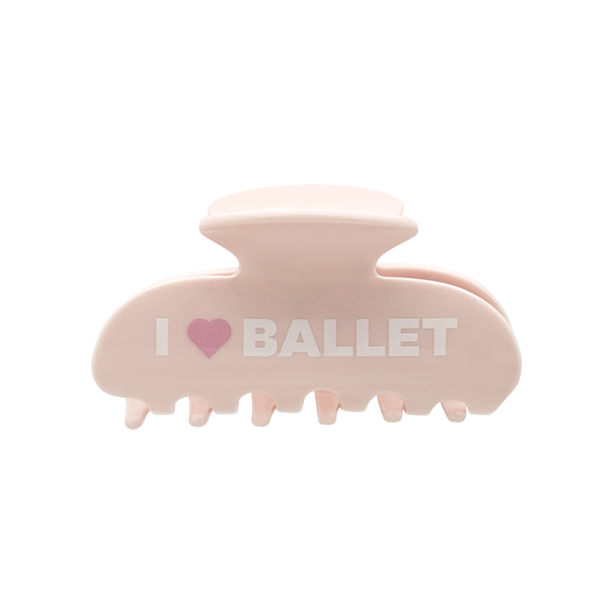 Front view of a light pink claw clip with the words “I”, a pink heart-shaped icon, and “BALLET” printed across the front on a white background.