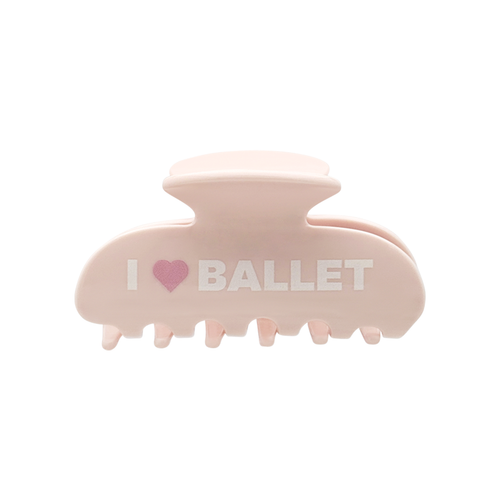 Front view of a light pink claw clip with the words “I”, a pink heart-shaped icon, and “BALLET” printed across the front on a white background.