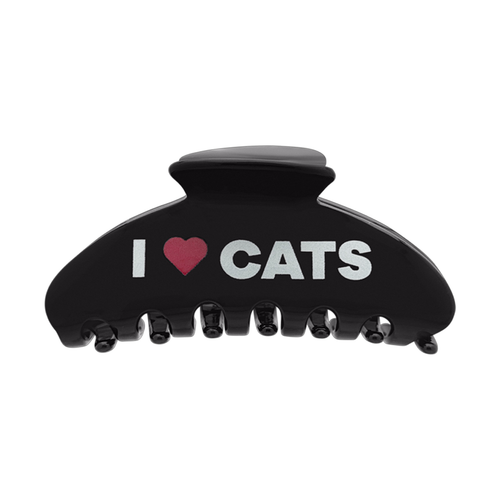 Black hair clip with the text “I Love Cats,” where the word “love” is represented by a red heart icon, displayed on a white background.