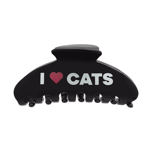 Black hair clip with the text “I Love Cats,” where the word “love” is represented by a red heart icon, displayed on a white background.