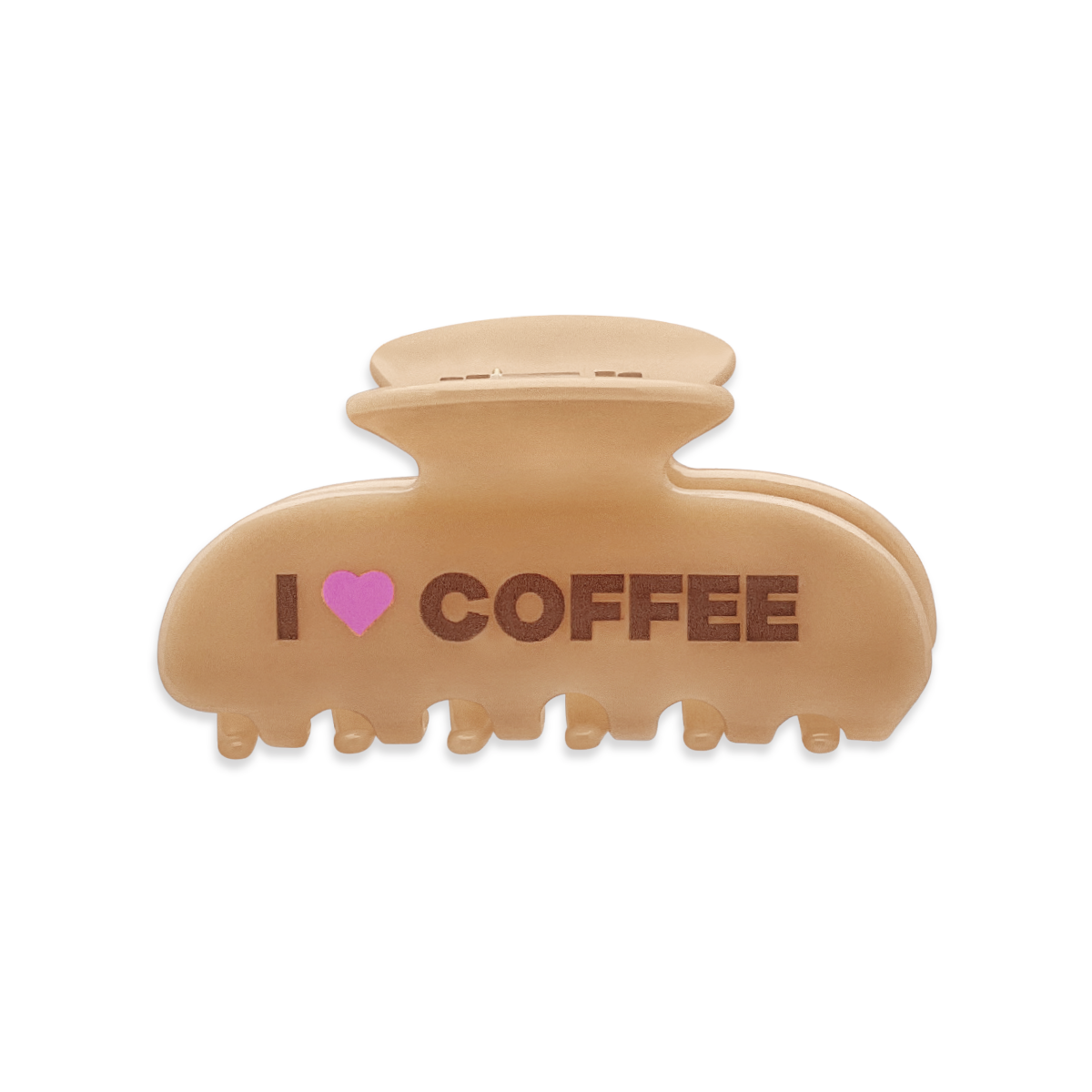 Front view of a brown claw clip with the word “I”, a pink heart-shaped icon, and brown “COFFEE” text on a white background.