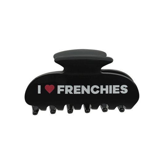 Front view of a black claw clip with white text that reads “I” followed by a red heart graphic and the word “FRENCHIES” on the front.