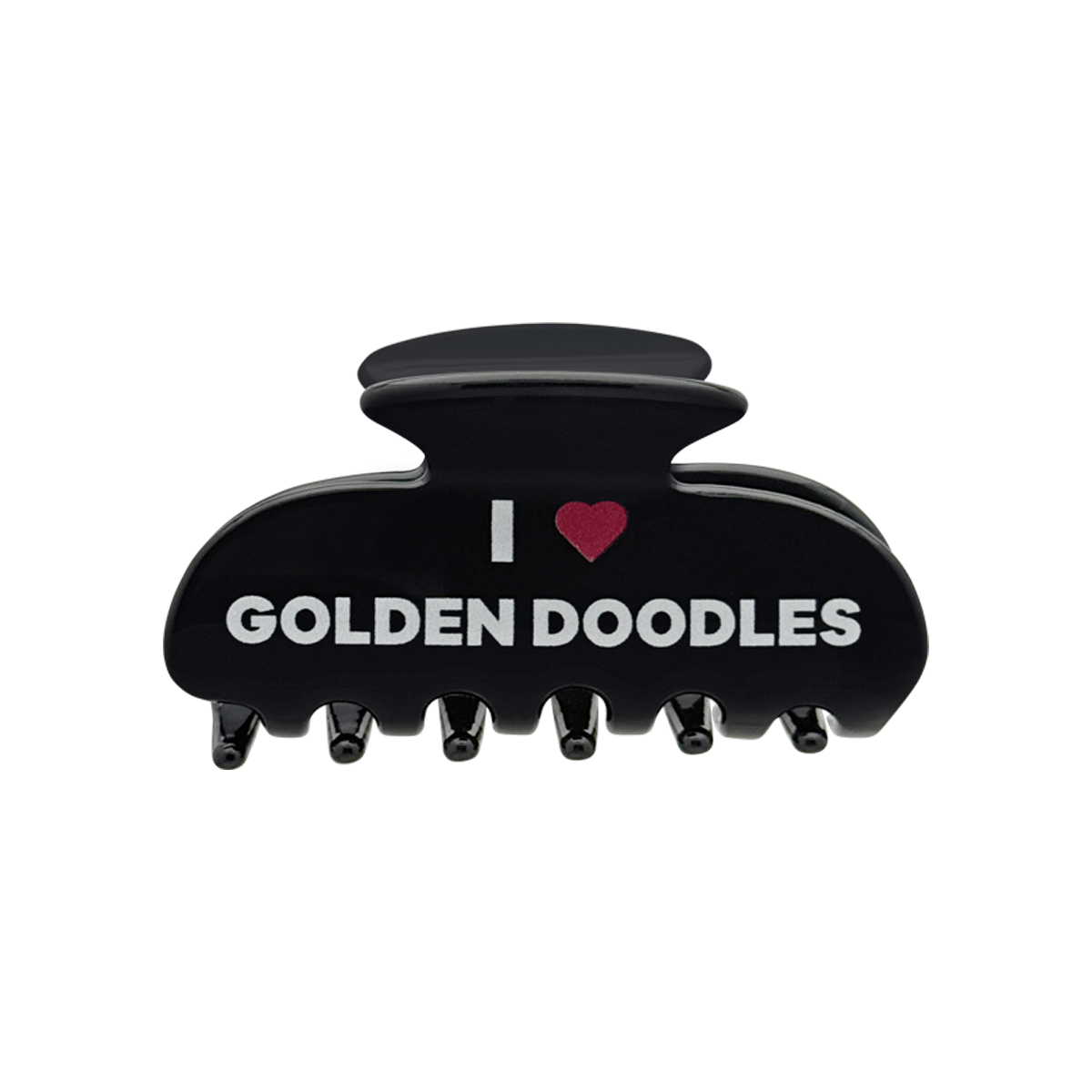 Front view of a black claw clip with white text that reads “I” followed by a red heart graphic and the words “GOLDEN DOODLES” on the front.