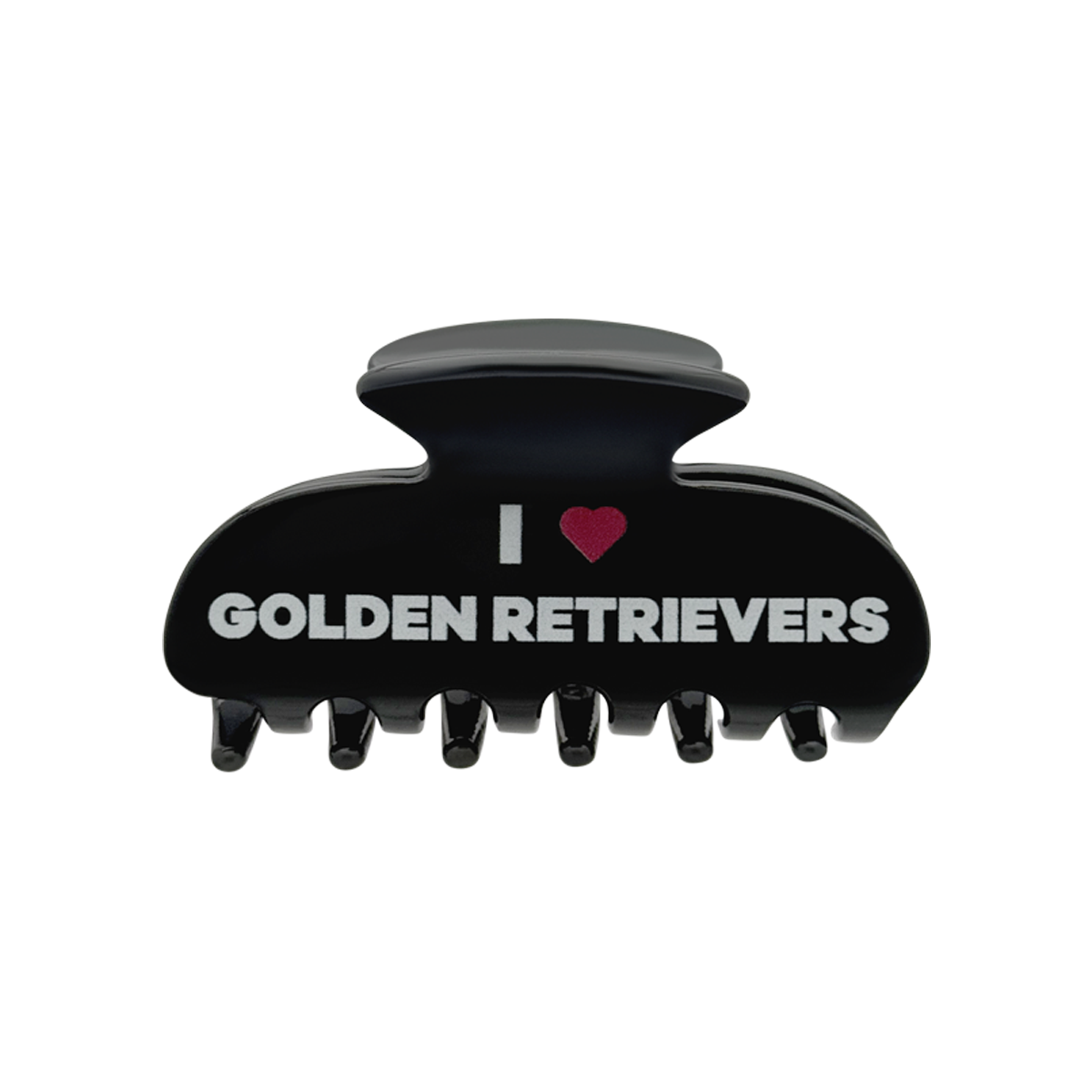Front view of a black claw clip with white text that reads “I” followed by a red heart graphic and the words “GOLDEN RETRIEVERS” on the front.