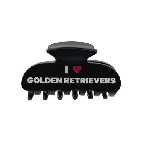 Front view of a black claw clip with white text that reads “I” followed by a red heart graphic and the words “GOLDEN RETRIEVERS” on the front.