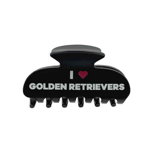 Front view of a black claw clip with white text that reads “I” followed by a red heart graphic and the words “GOLDEN RETRIEVERS” on the front.