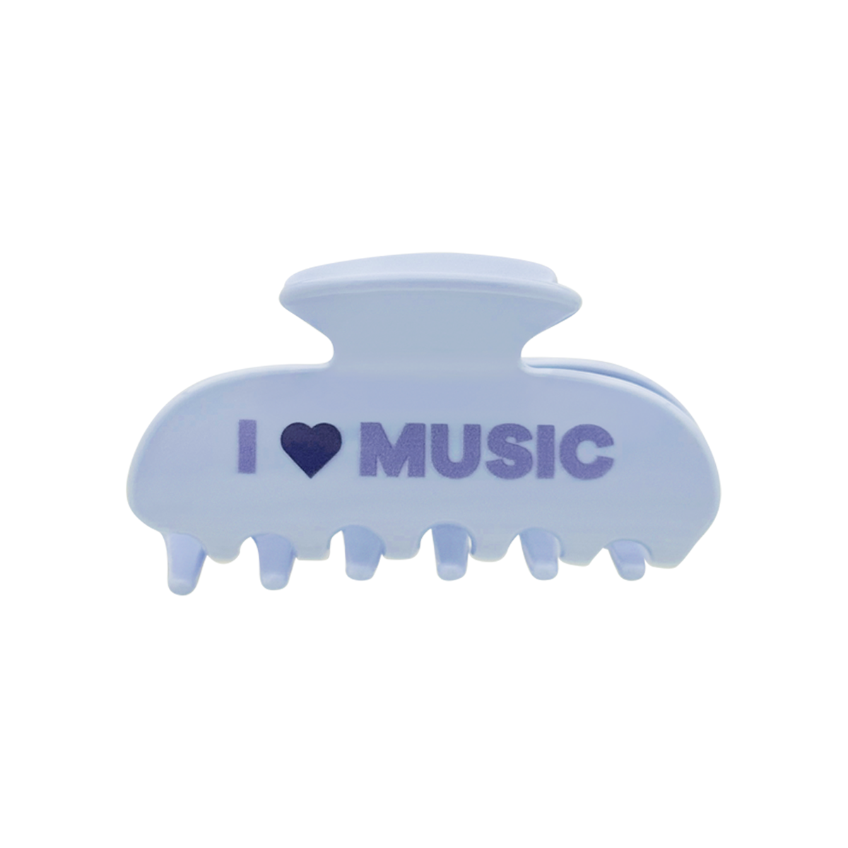 Front view of a light blue claw clip with the words “I”, a dark blue heart-shaped icon, and “MUSIC” printed across the front on a white background.