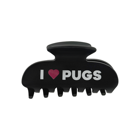 Front view of a black claw clip with white text that reads “I” followed by a red heart graphic and the word “PUGS” on the front.
