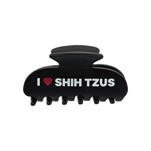 Front view of a black claw clip with white text that reads “I” followed by a red heart graphic and the words “SHIH TZUS” on the front.