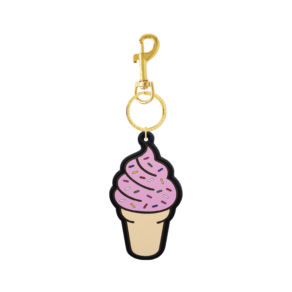 Pink ice cream cone bag charm with colorful sprinkles and gold-tone hardware