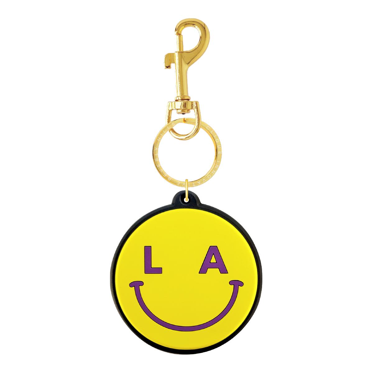 Yellow LA smiley bag charm with purple details and gold-tone hardware