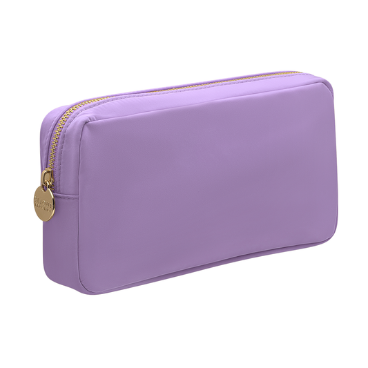 Lavender small cosmetic pouch with gold zipper and round gold zipper puller.