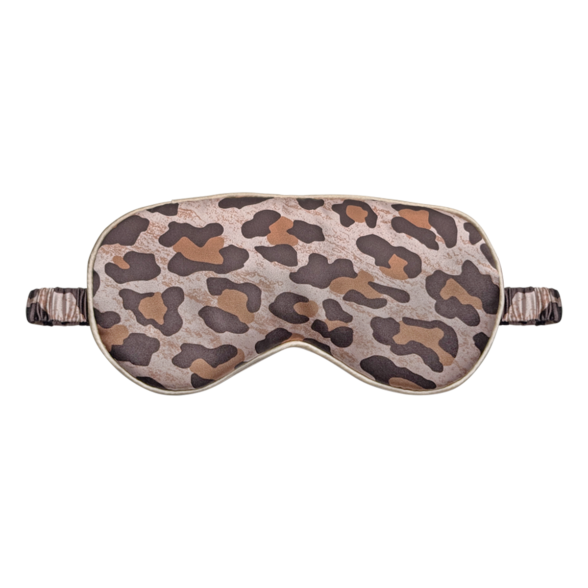 Front view of a leopard print satin sleep eye mask with a leopard print elastic ruched strap, shown on a white background.