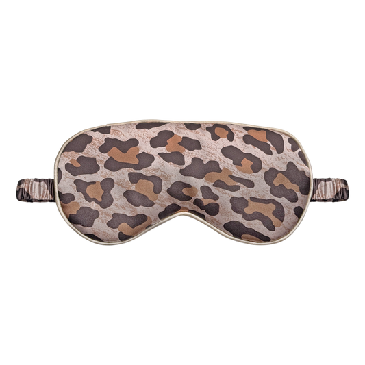 Front view of a leopard print satin sleep eye mask with a leopard print elastic ruched strap, shown on a white background.