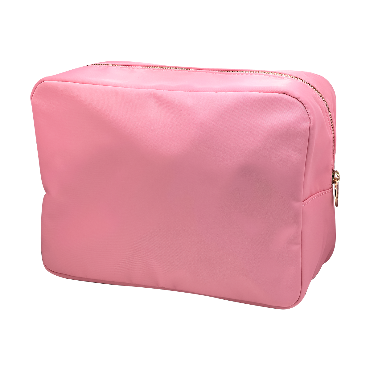 Pink cosmetic bag with a gold zipper on a white background