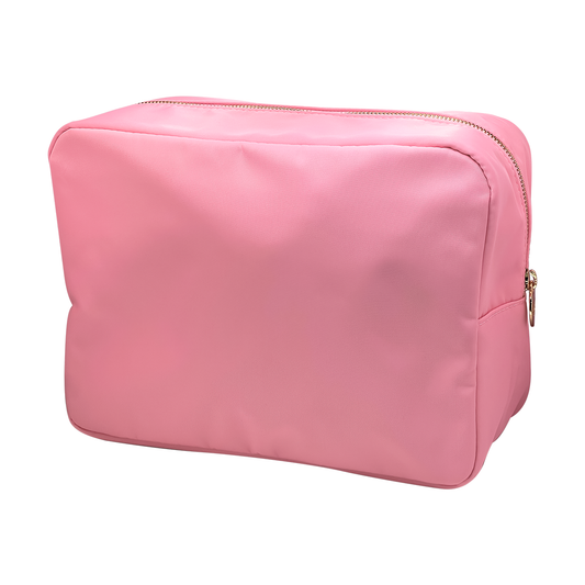 Pink cosmetic bag with a gold zipper on a white background