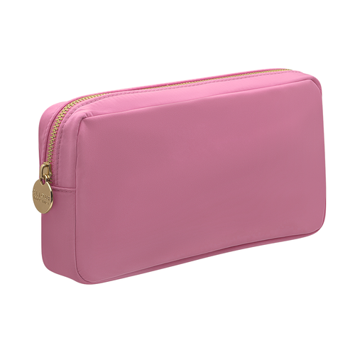 Light pink small cosmetic bag with gold zipper and round gold zipper puller.