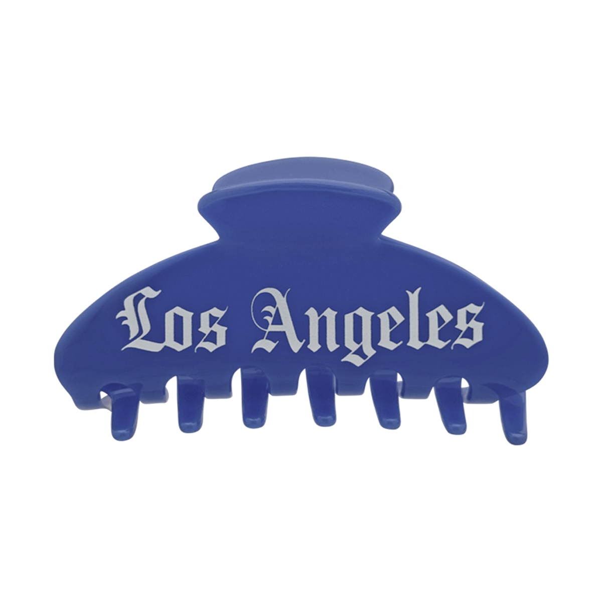 Front view of a blue claw clip with white “Los Angeles” text in Old English lettering on the front.