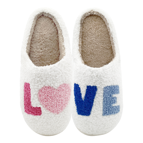 Pair of white slippers with 'LOVE' text in colorful letters on a white background