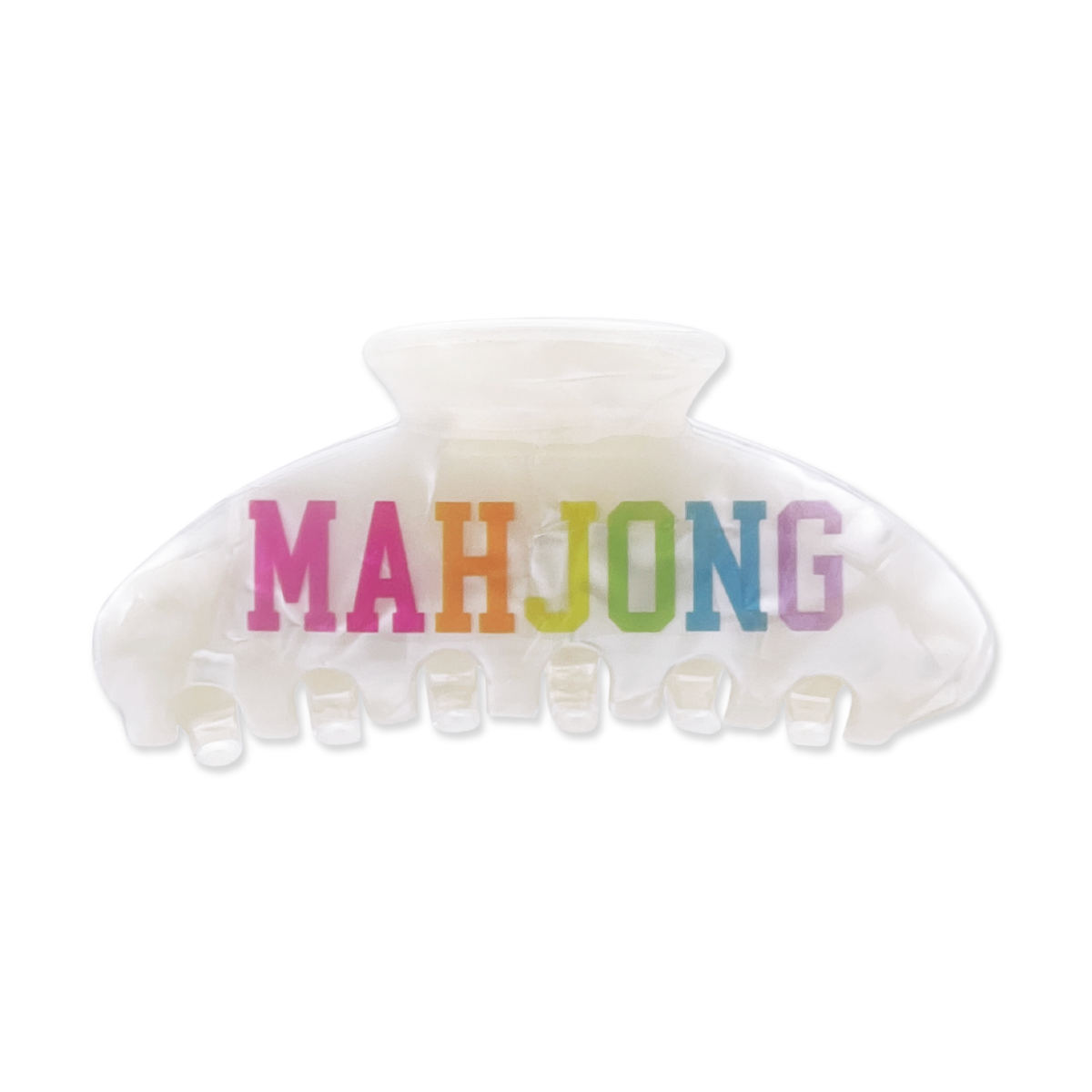 Front view of a white marble claw clip with rainbow “MAHJONG” text across the front.