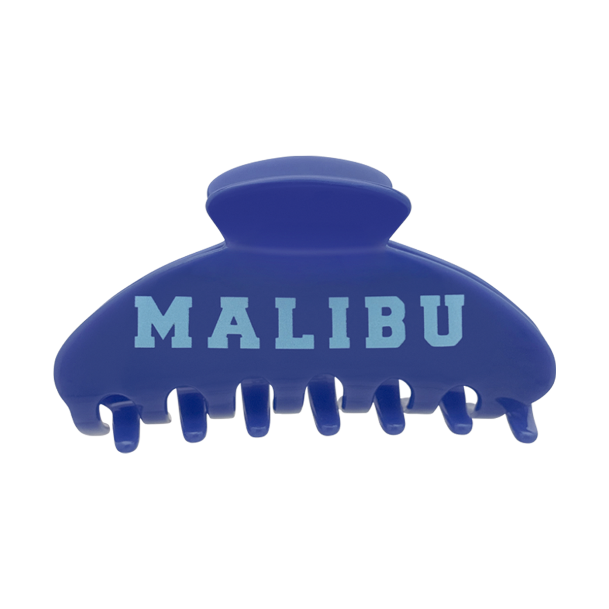 Front view of a blue claw clip with light blue “MALIBU” text on the front.
