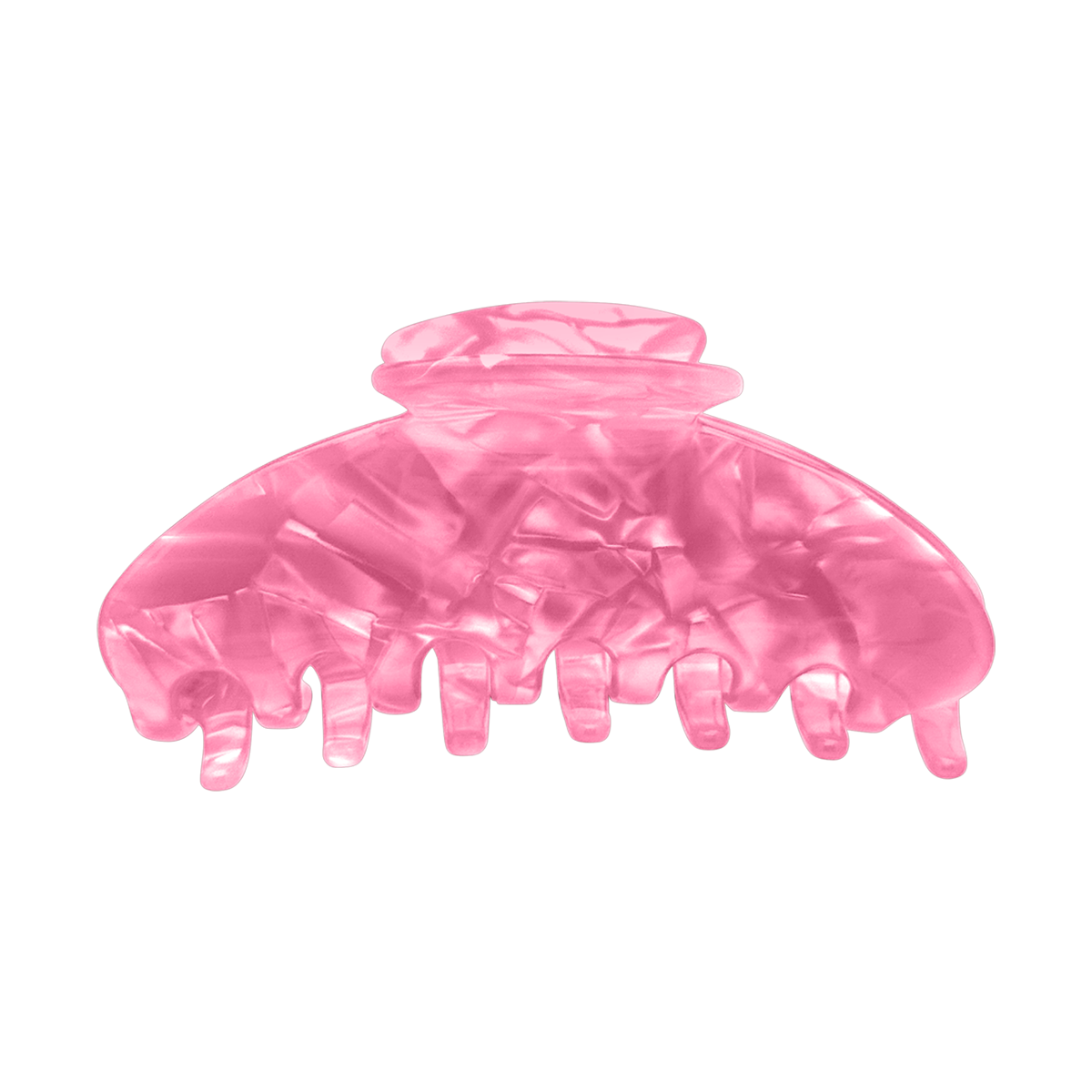 Front view of a coral pink marbled claw clip.