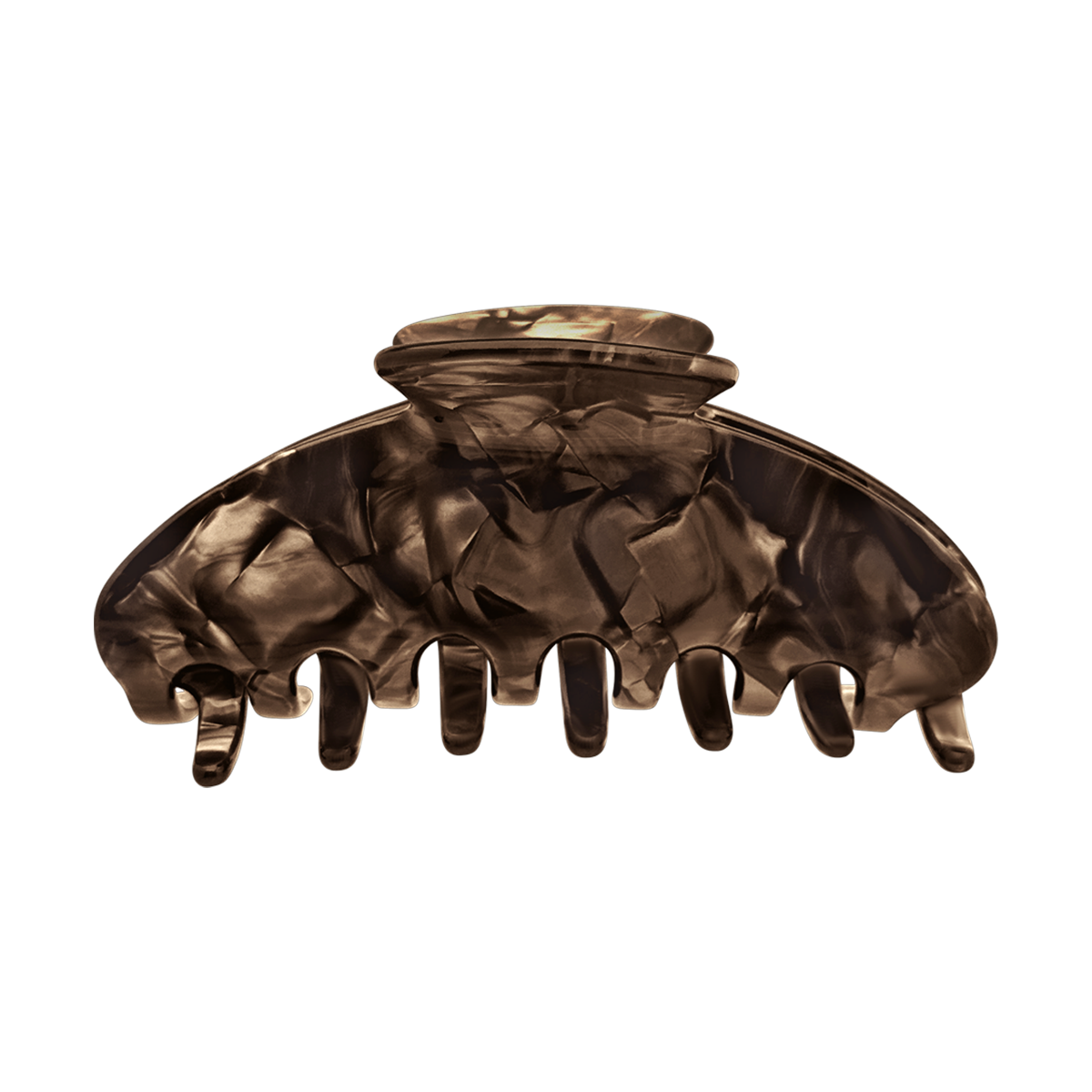 Front view of an espresso brown marbled claw clip.