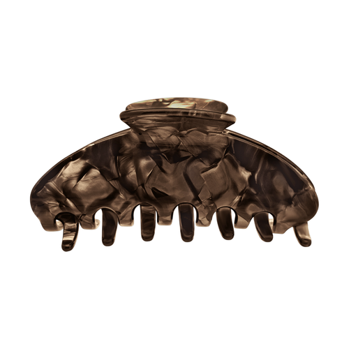 Front view of an espresso brown marbled claw clip.