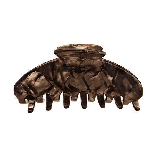Front view of an espresso brown marbled claw clip.
