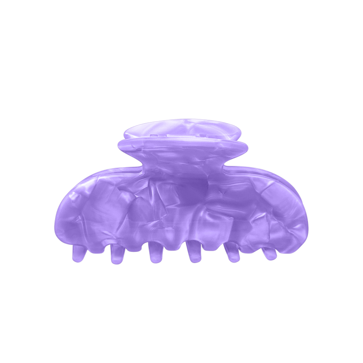 Front view of a purple marbled claw clip.