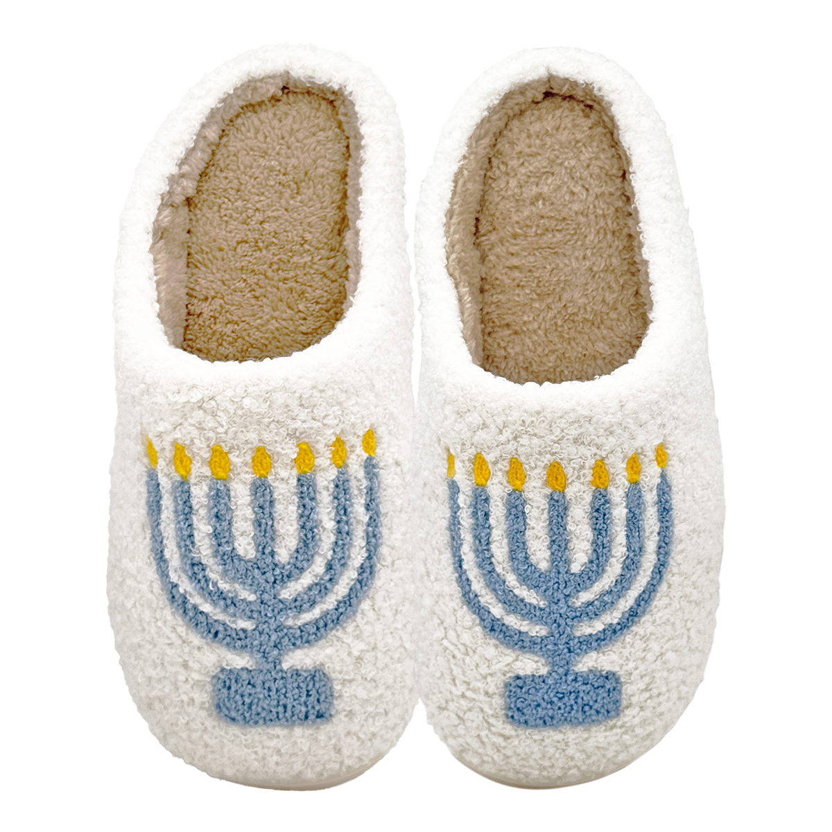 Pair of slippers with Menorah design on a white background