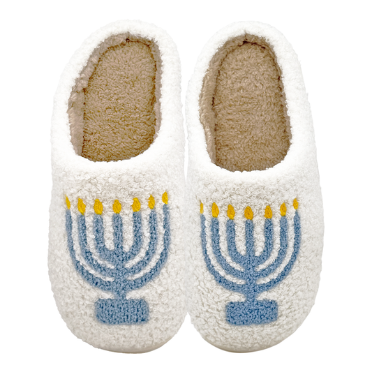 Pair of slippers with Menorah design on a white background