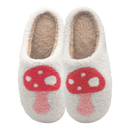 Pair of plush slippers with red mushroom design on the front.
