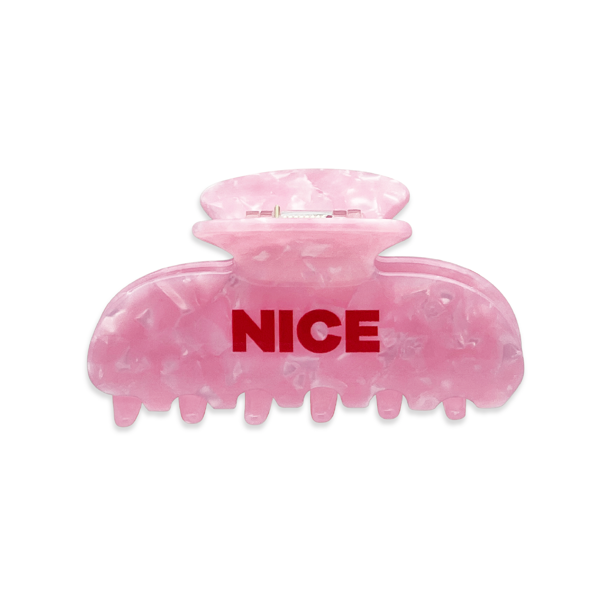 Back view of a pink marble claw clip with bold red “NICE” text on the front.