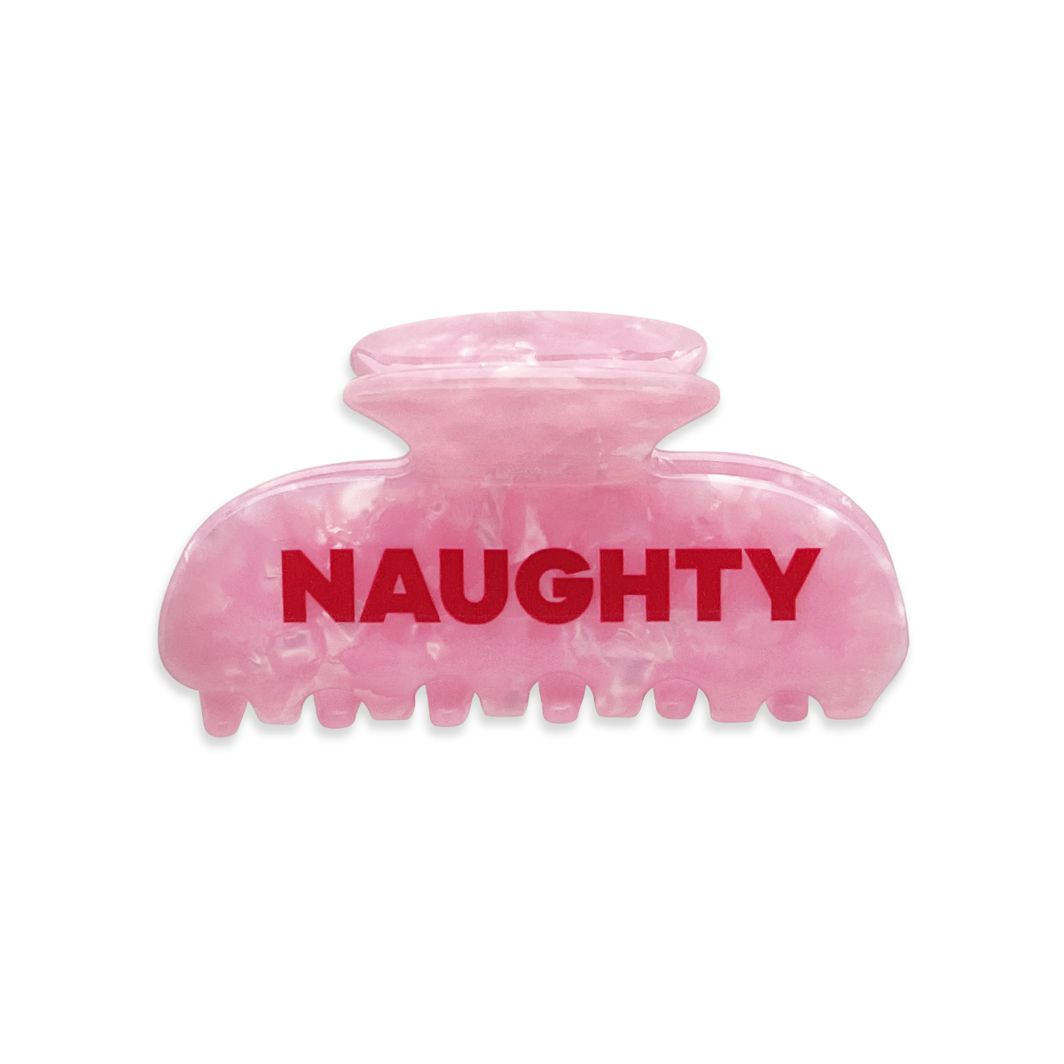 Pink marble claw clip with the word “NAUGHTY” in bold red lettering on the front.