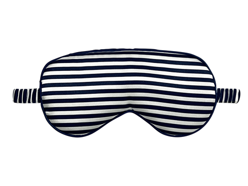 Front view of a navy blue and white striped satin eye mask.