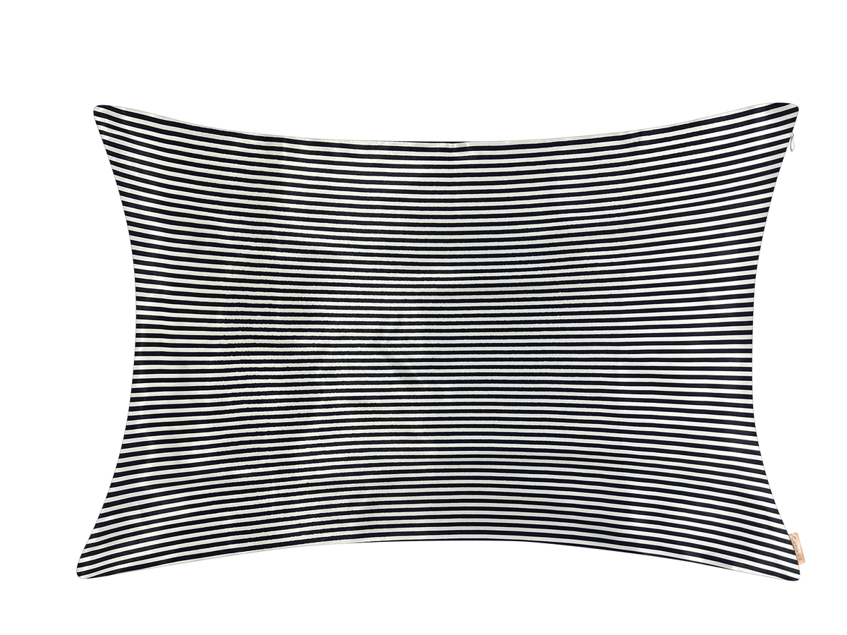 Navy blue and white striped satin pillowcase shown on a white background.
