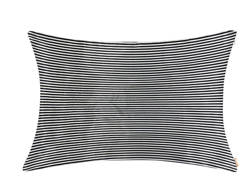 Navy blue and white striped satin pillowcase shown on a white background.