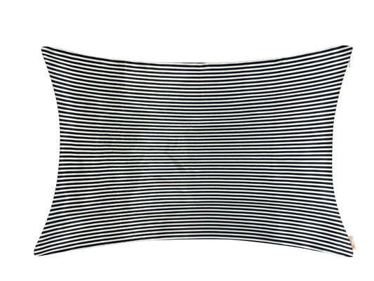 Navy blue and white striped satin pillowcase shown on a white background.