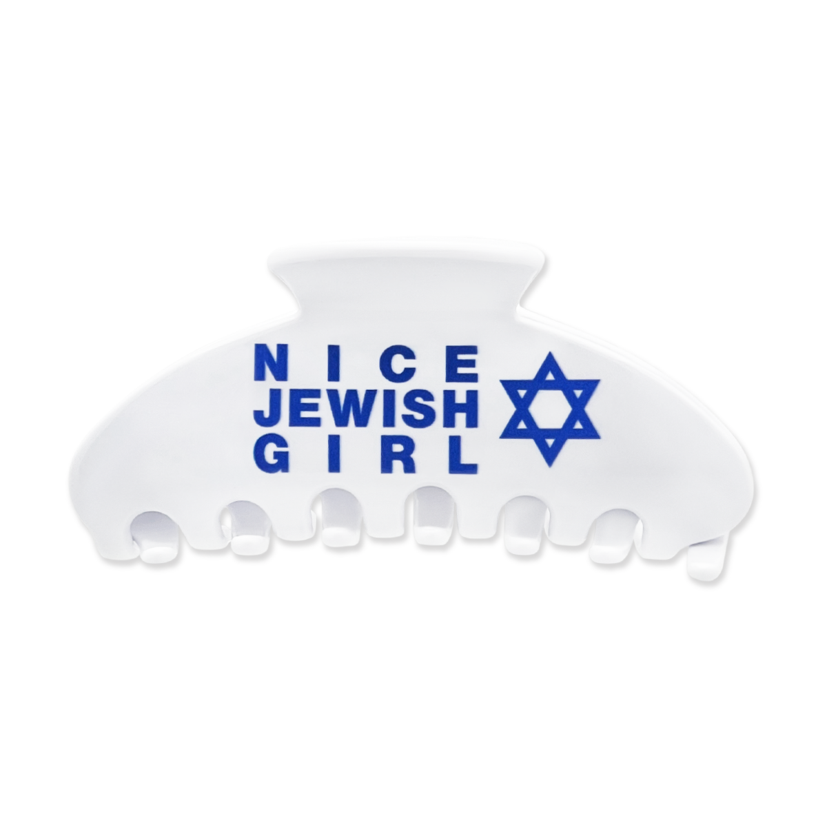 White claw clip with blue “NICE JEWISH GIRL” text and a blue Star of David graphic on a white background.