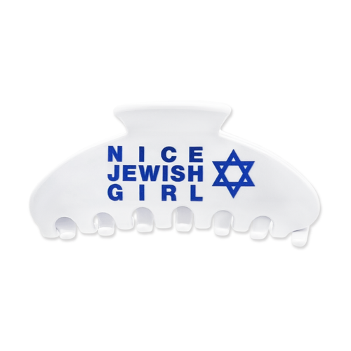 White claw clip with blue “NICE JEWISH GIRL” text and a blue Star of David graphic on a white background.