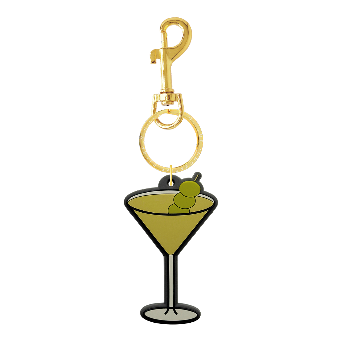 Martini glass bag charm with green olive details and gold-tone hardware